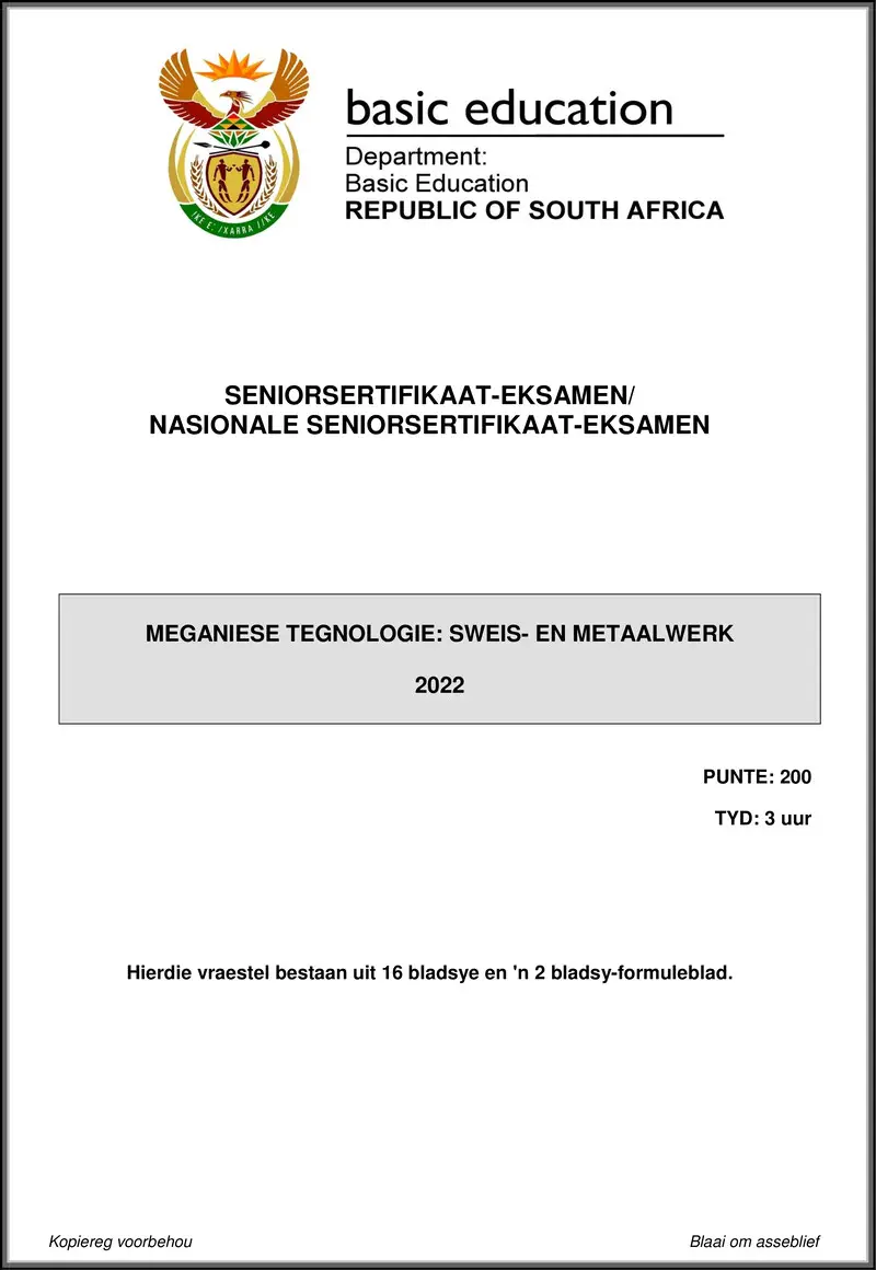 Grade 12 Mechanical Technology past paper 2022 – mechanical technology may june 2022 welding metalwork afr gr12
