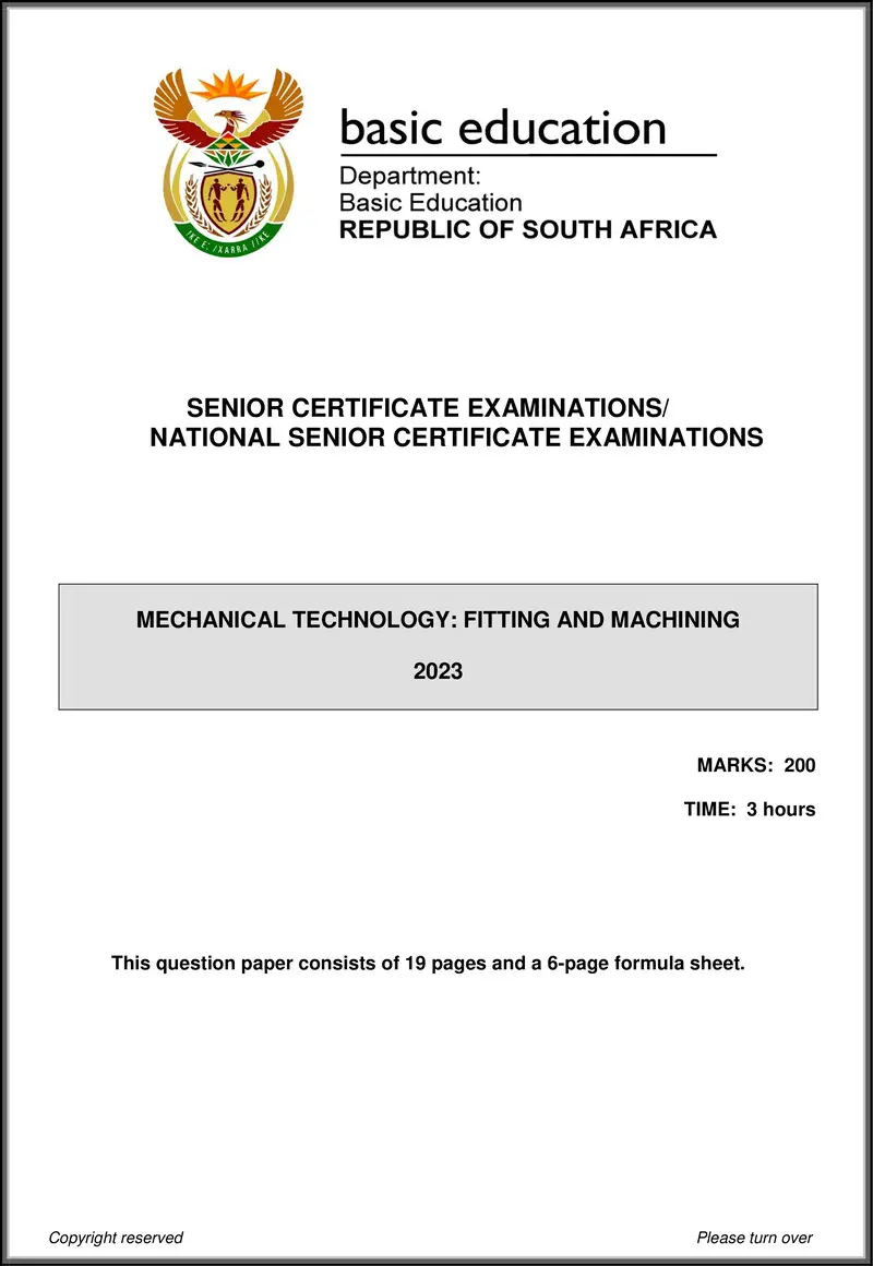 Grade 12 Mechanical Technology past paper 2023 – mechanical technology may june 2023 fitting machining eng gr12