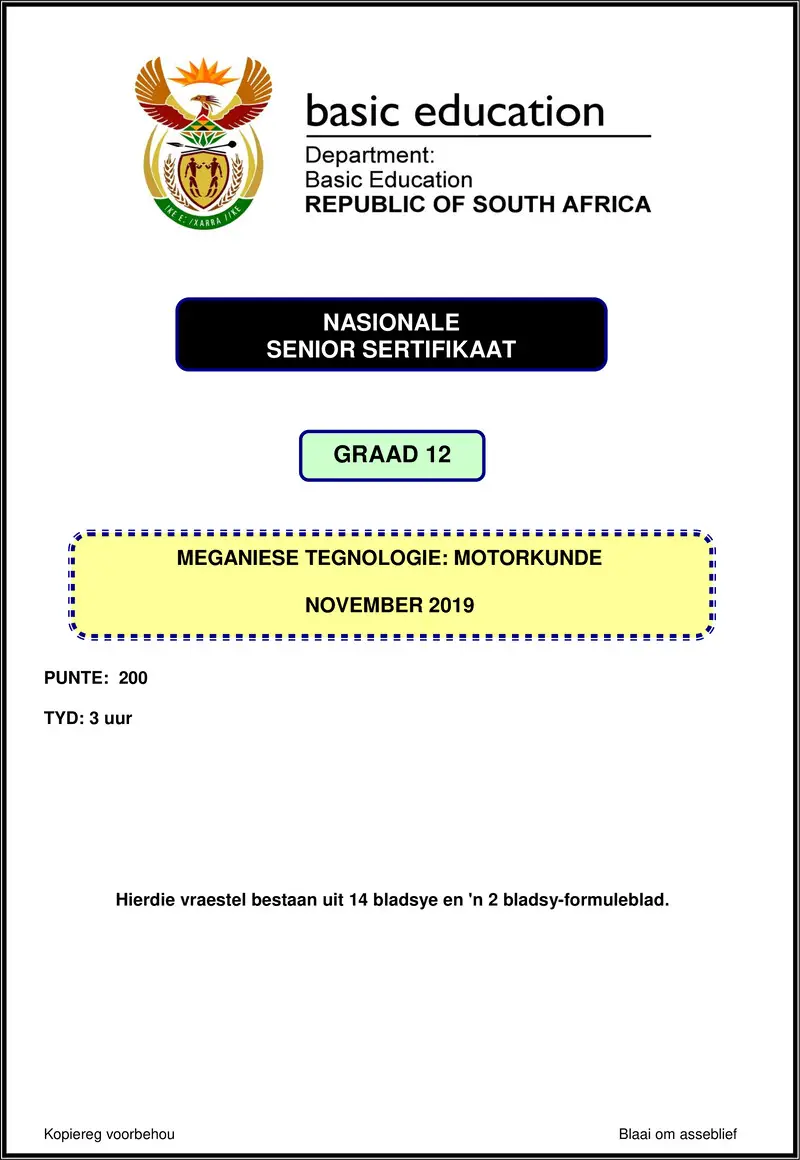 Grade 12 Mechanical Technology past paper 2019 – mechanical technology nov 2019 automotive afr gr12
