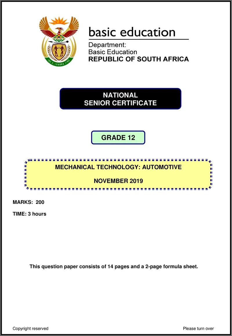 Grade 12 Mechanical Technology past paper 2019 – mechanical technology nov 2019 automotive eng gr12