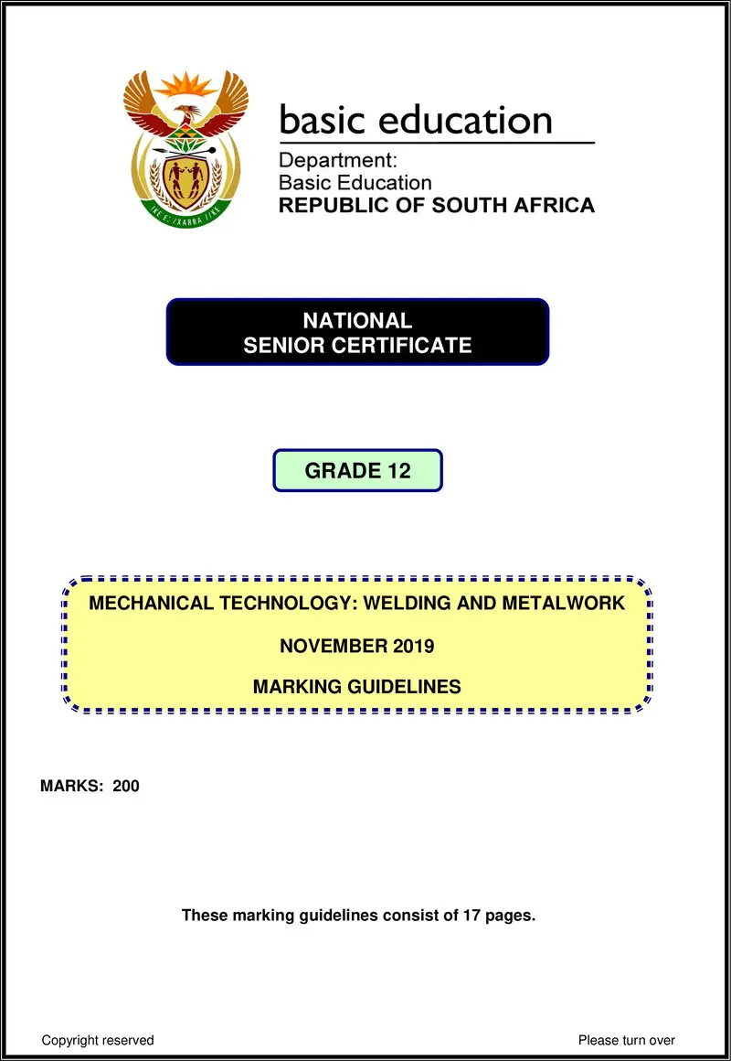 Grade 12 Mechanical Technology past paper 2019 – mechanical technology nov 2019 welding memo eng gr12
