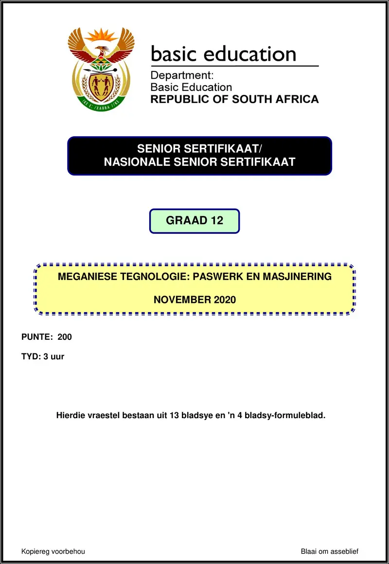 Grade 12 Mechanical Technology past paper 2020 – mechanical technology nov 2020 fitting machining afr gr12