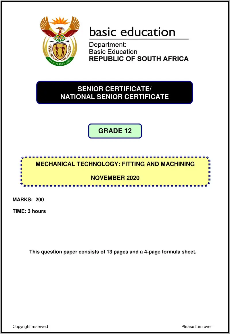 Grade 12 Mechanical Technology past paper 2020 – mechanical technology nov 2020 fitting machining eng gr12