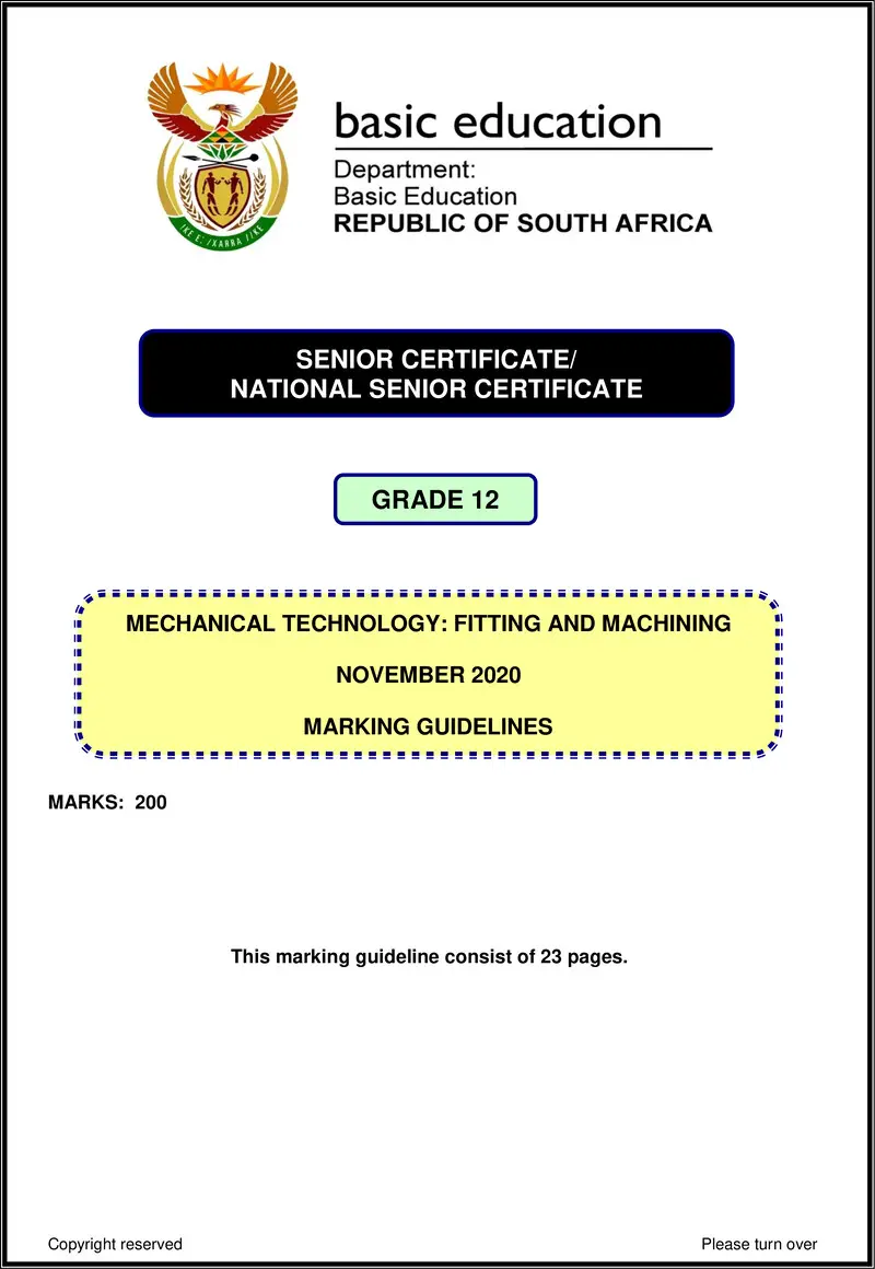 Grade 12 Mechanical Technology past paper 2020 – mechanical technology nov 2020 fitting machining memo eng gr12