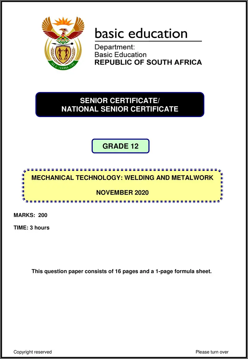 Grade 12 Mechanical Technology past paper 2020 – mechanical technology nov 2020 welding metalwork eng gr12