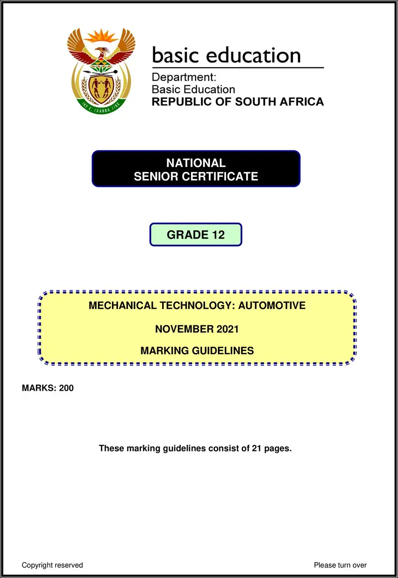 Grade 12 Mechanical Technology past paper 2021 – mechanical technology nov 2021 automotive mg eng gr12
