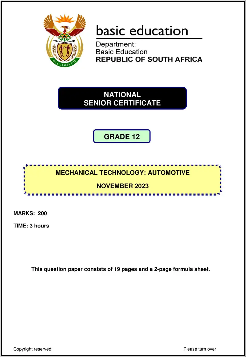 Grade 12 Mechanical Technology past paper 2023 – mechanical technology nov 2023 automotive eng gr12