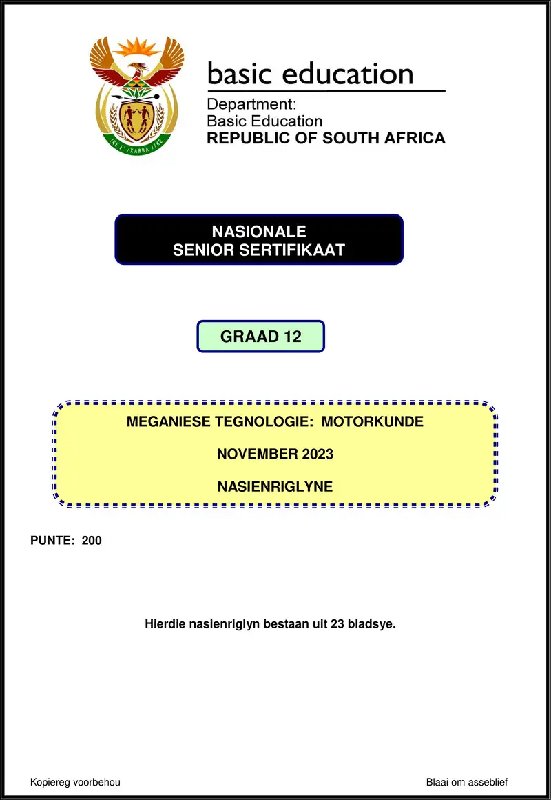 Grade 12 Mechanical Technology past paper 2023 – mechanical technology nov 2023 automotive mg afr gr12