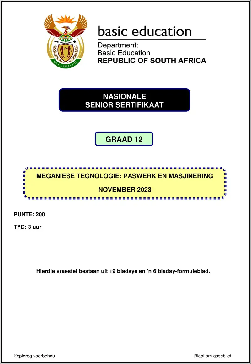 Grade 12 Mechanical Technology past paper 2023 – mechanical technology nov 2023 fitting and machining afr gr12