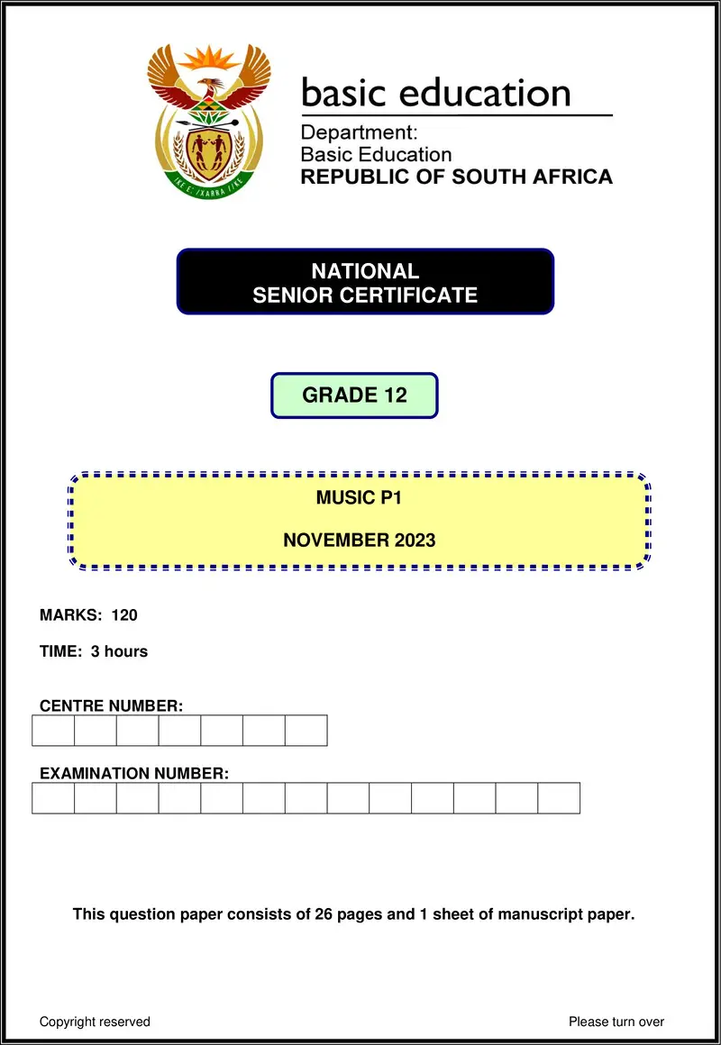 Grade 12 Music past paper 2023 – music p1 nov 2023 eng gr12