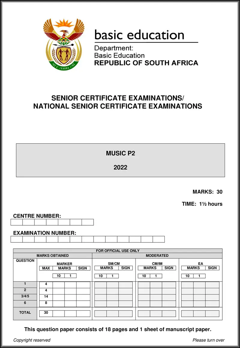 Grade 12 Music past paper 2022 – music p2 may june 2022 eng gr12