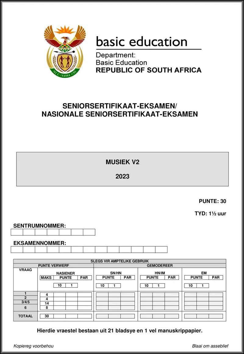 Grade 12 Music past paper 2023 – music p2 may june 2023 afr gr12
