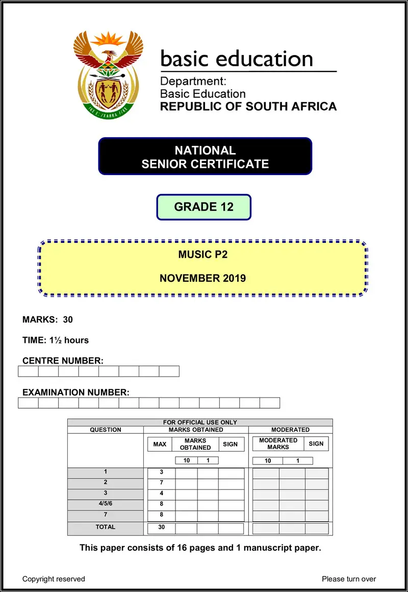 Grade 12 Music past paper 2019 – music p2 nov 2019 eng gr12