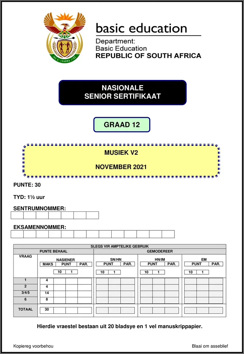 Grade 12 Music past paper 2021 – music p2 nov 2021 afr gr12