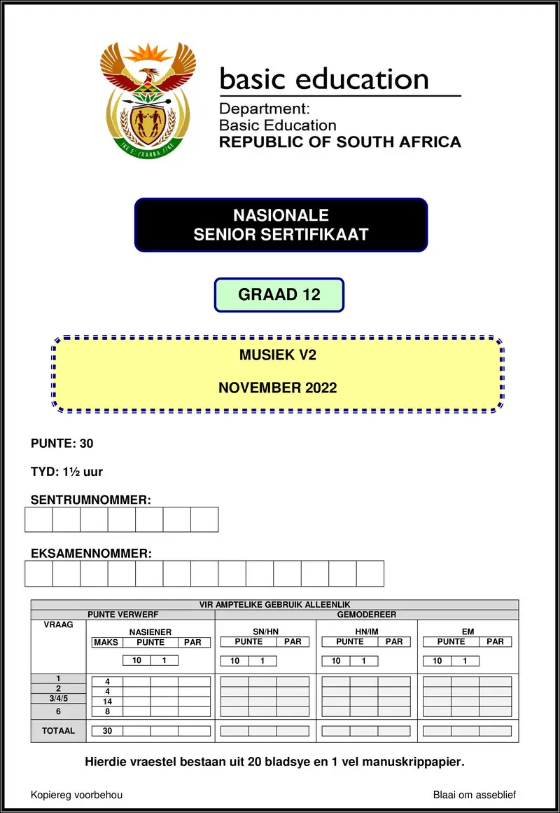 Grade 12 Music past paper 2022 – music p2 nov 2022 afr gr12
