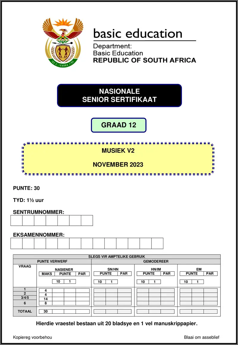 Grade 12 Music past paper 2023 – music p2 nov 2023 afr gr12