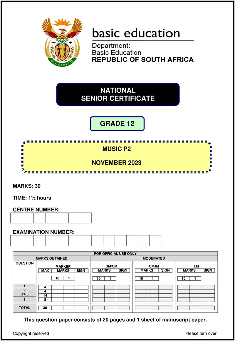 Grade 12 Music past paper 2023 – music p2 nov 2023 eng gr12