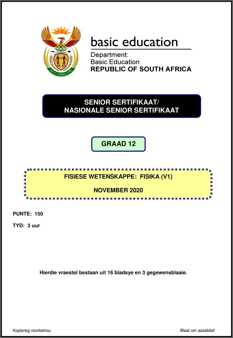 Grade 12 Physical Sciences past paper 2020 – physical sciences p1 nov 2020 afr gr12