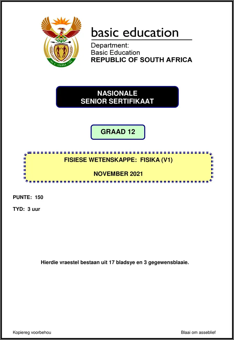 Grade 12 Physical Sciences past paper 2021 – physical sciences p1 nov 2021 afr gr12