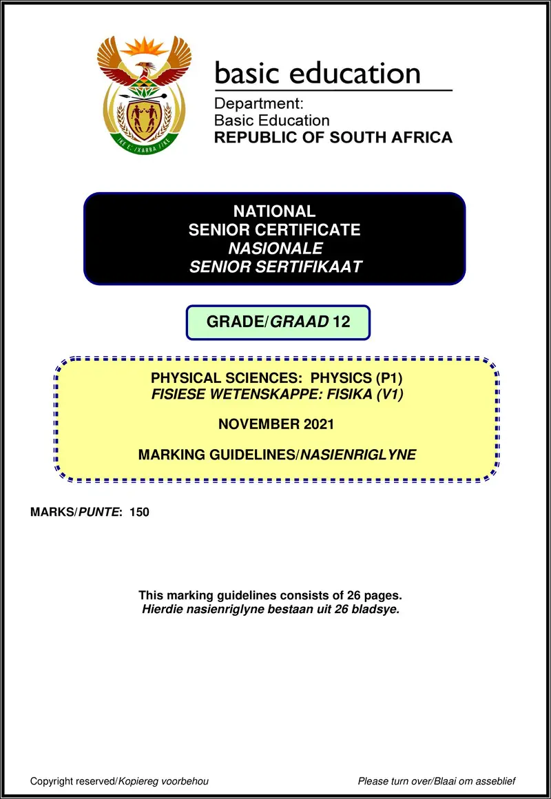Grade 12 Physical Sciences past paper 2021 – physical sciences p1 nov 2021 mg afr eng gr12