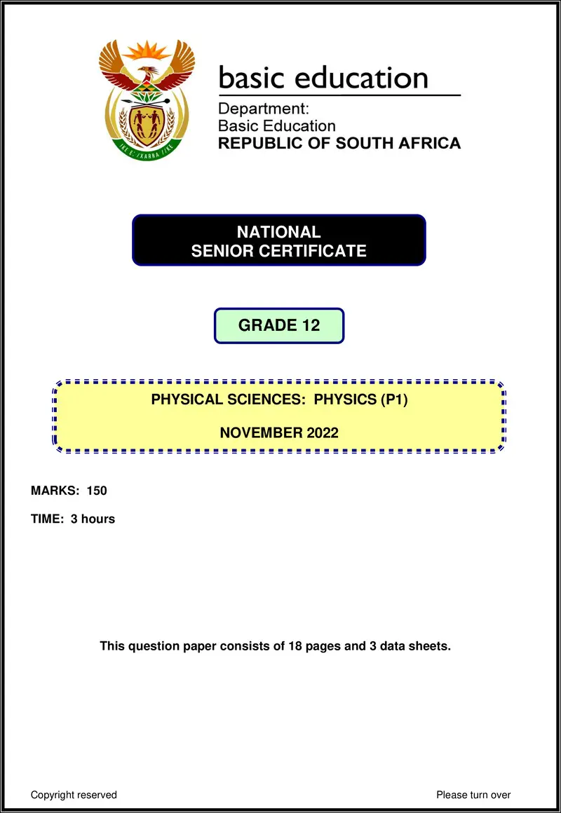 Grade 12 Physical Sciences past paper 2022 – physical sciences p1 nov 2022 eng gr12