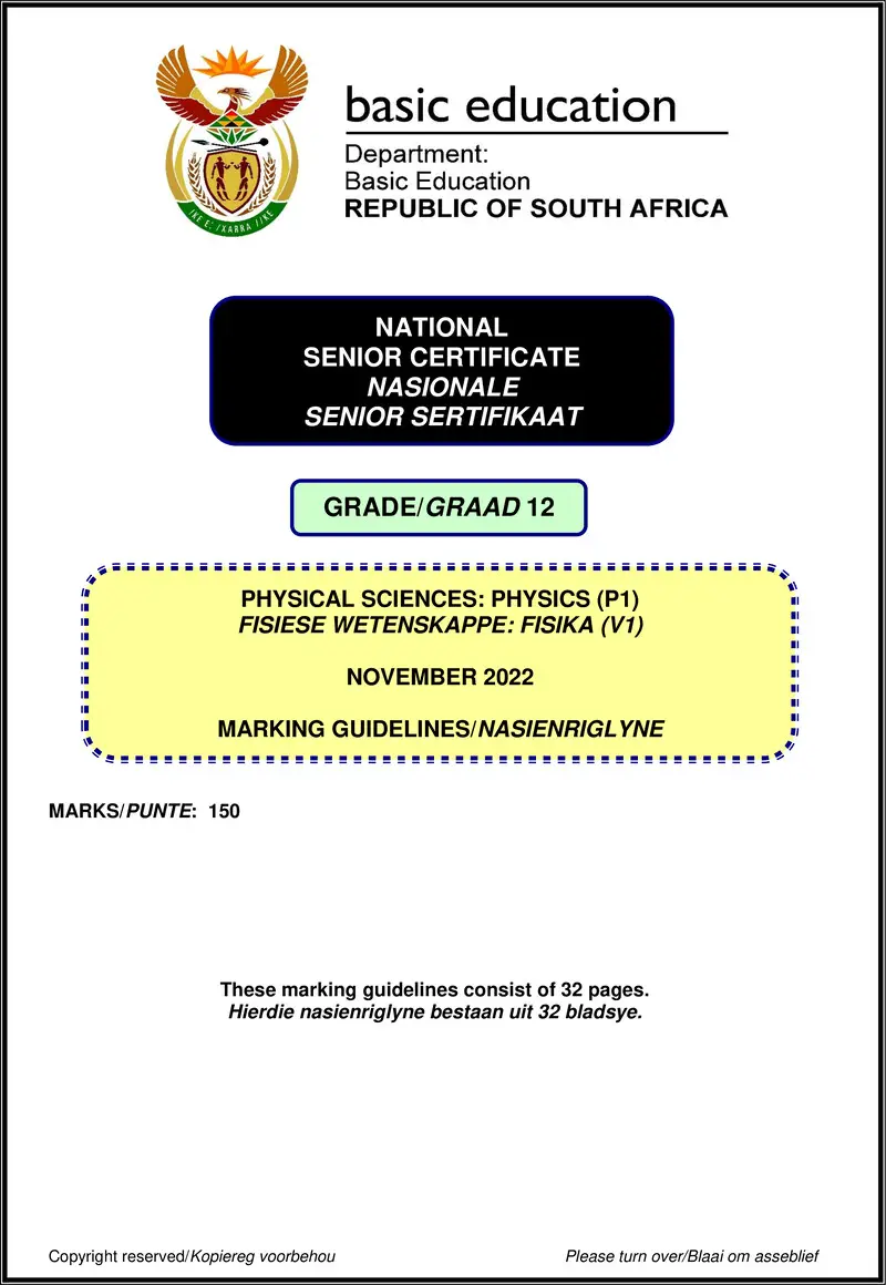 Grade 12 Physical Sciences past paper 2022 – physical sciences p1 nov 2022 mg afr eng gr12