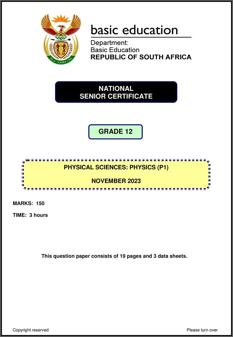 Grade 12 Physical Sciences past paper 2023 – physical sciences p1 nov 2023 eng gr12