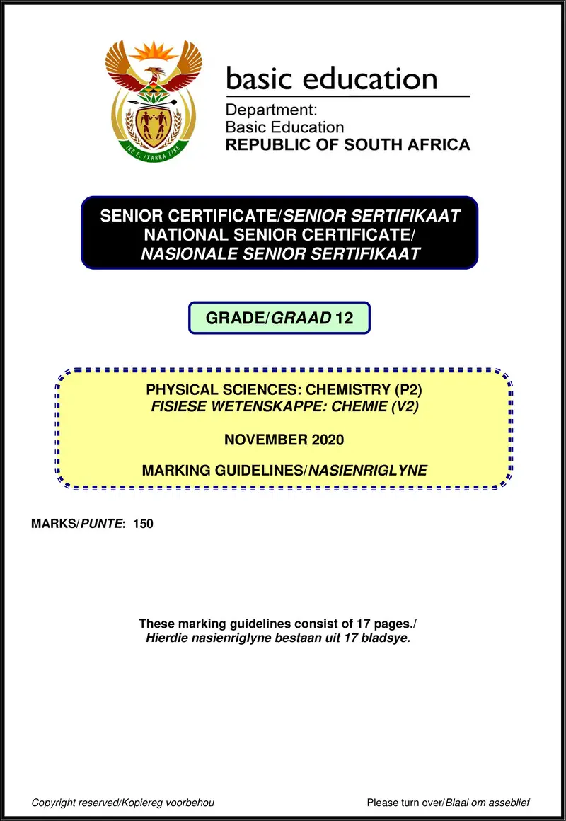 Grade 12 Physical Sciences past paper 2020 – physical sciences p2 nov 2020 eng afr memo gr12