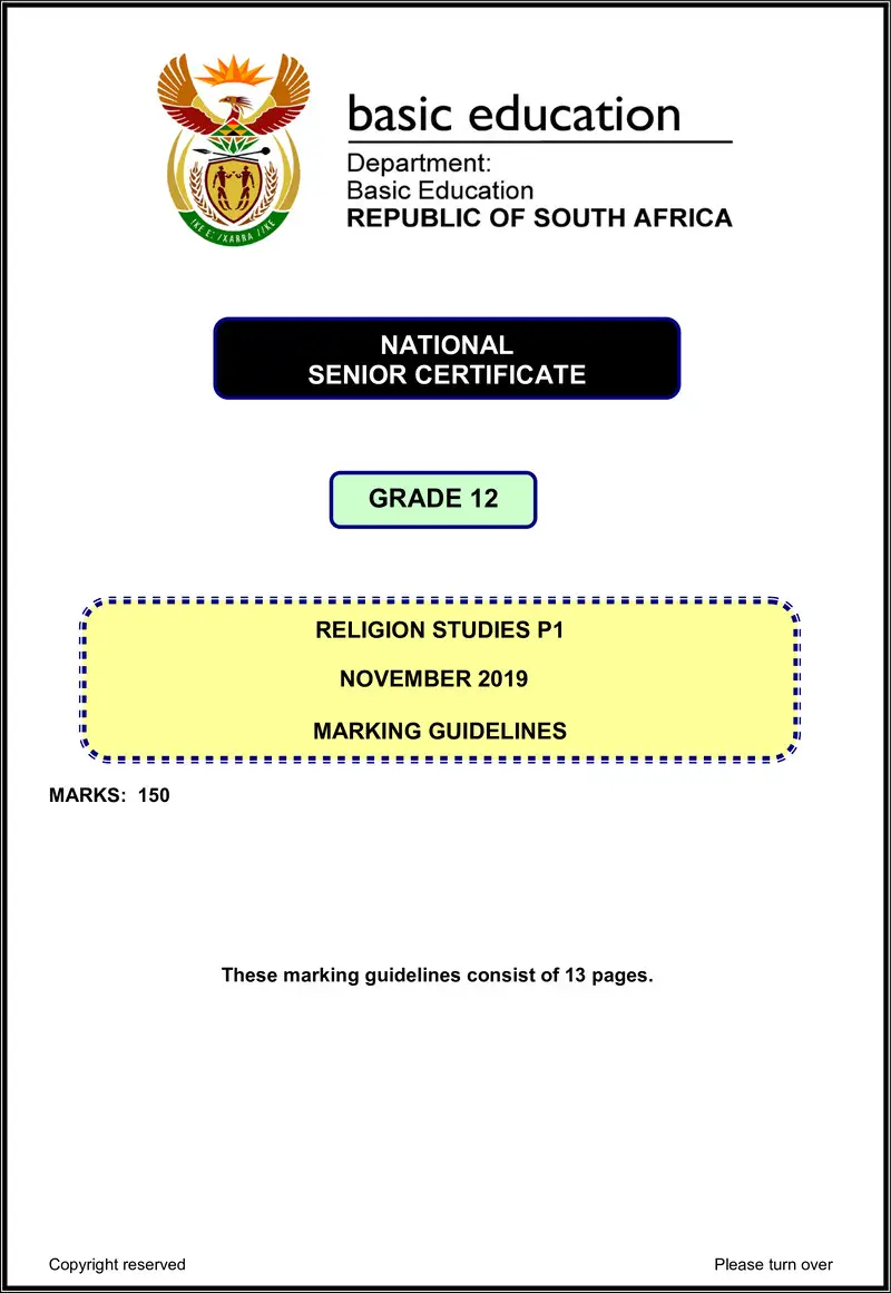 Grade 12 Religion Studies past paper 2019 – religion studies p1 nov 2019 memo eng gr12