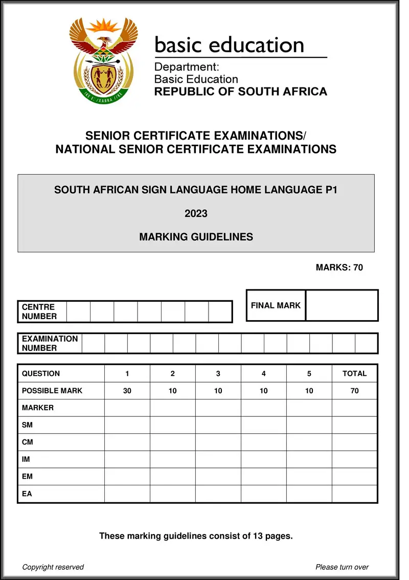 Grade 12 South African Sign Language past paper 2023 – sasl hl p1 may june 2023 mg gr12