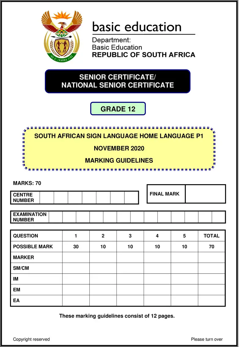 Grade 12 South African Sign Language past paper 2020 – sasl hl p1 nov 2020 memo gr12