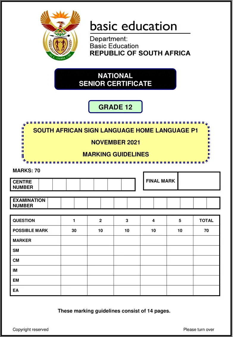 Grade 12 South African Sign Language past paper 2021 – sasl hl p1 nov 2021 mg gr12