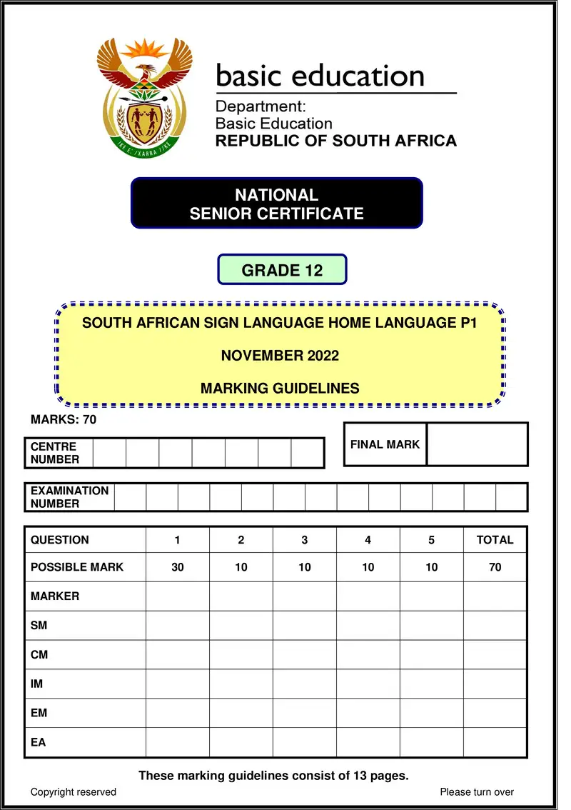 Grade 12 South African Sign Language past paper 2022 – sasl hl p1 nov 2022 mg gr12