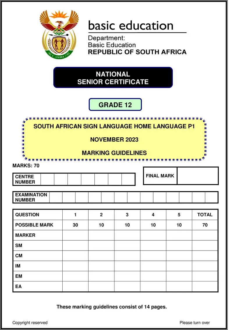 Grade 12 South African Sign Language past paper 2023 – sasl hl p1 november 2023 mg gr12