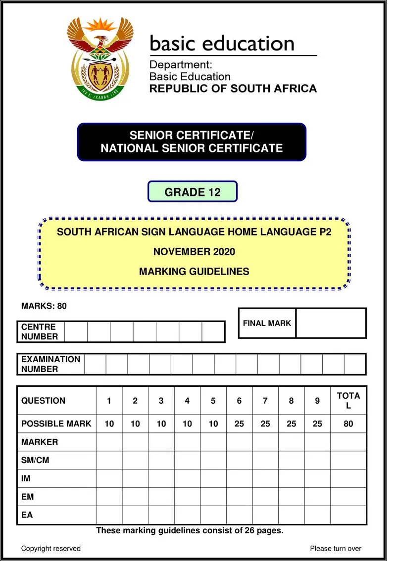 Grade 12 South African Sign Language past paper 2020 – sasl hl p2 nov 2020 memo gr12