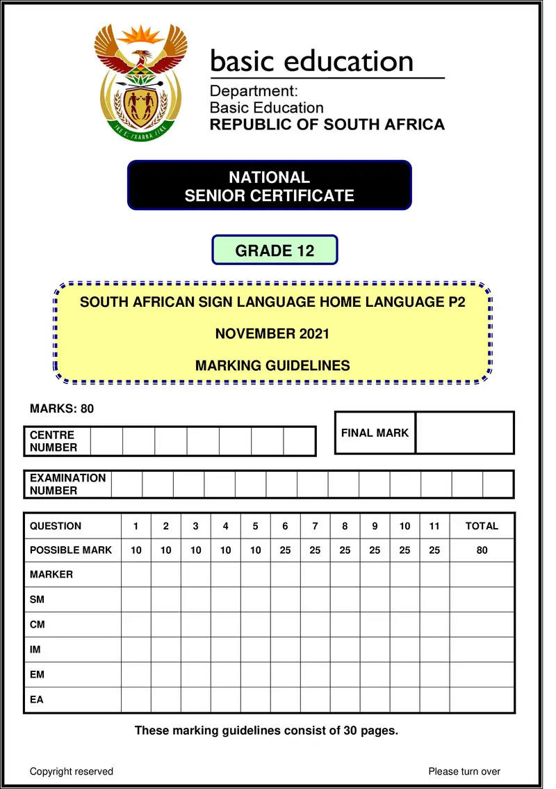 Grade 12 South African Sign Language past paper 2021 – sasl hl p2 nov 2021 mg gr12