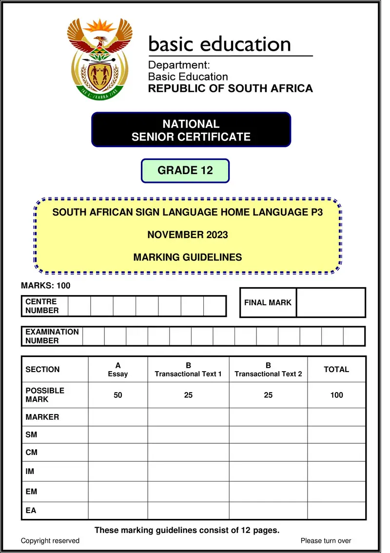 Grade 12 South African Sign Language past paper 2023 – sasl hl p3 november 2023 mg gr12