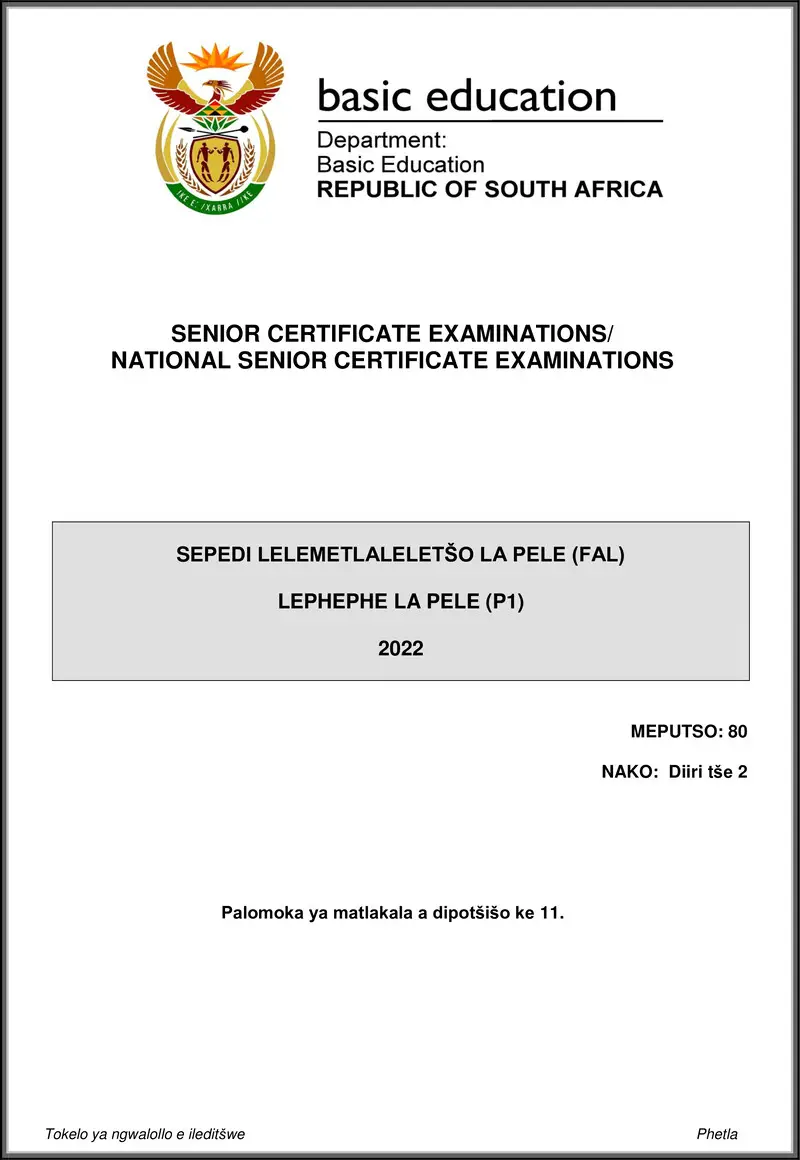 Grade 12 Sepedi past paper 2022 – sepedi fal p1 may june 2022 gr12
