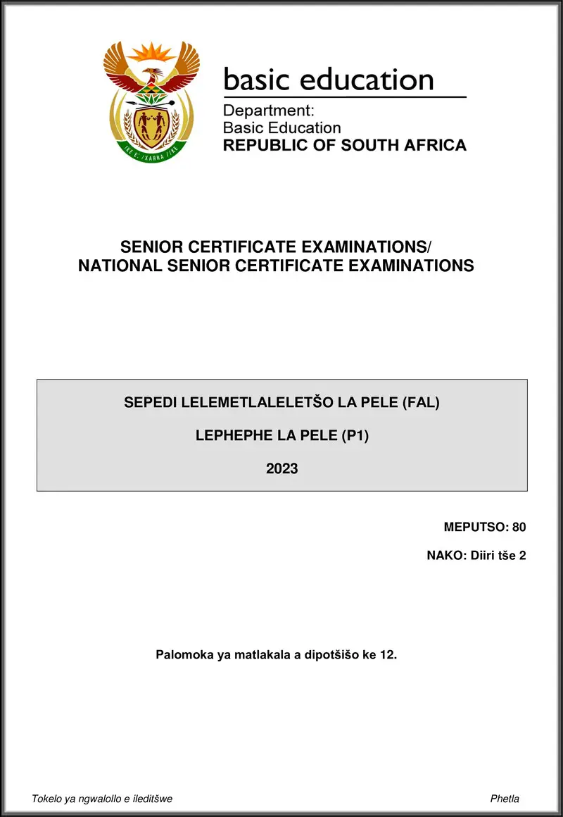 Grade 12 Sepedi past paper 2023 – sepedi fal p1 may june 2023 gr12