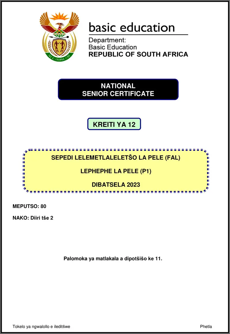 Grade 12 Sepedi past paper 2023 – sepedi fal p1 nov 2023 gr12