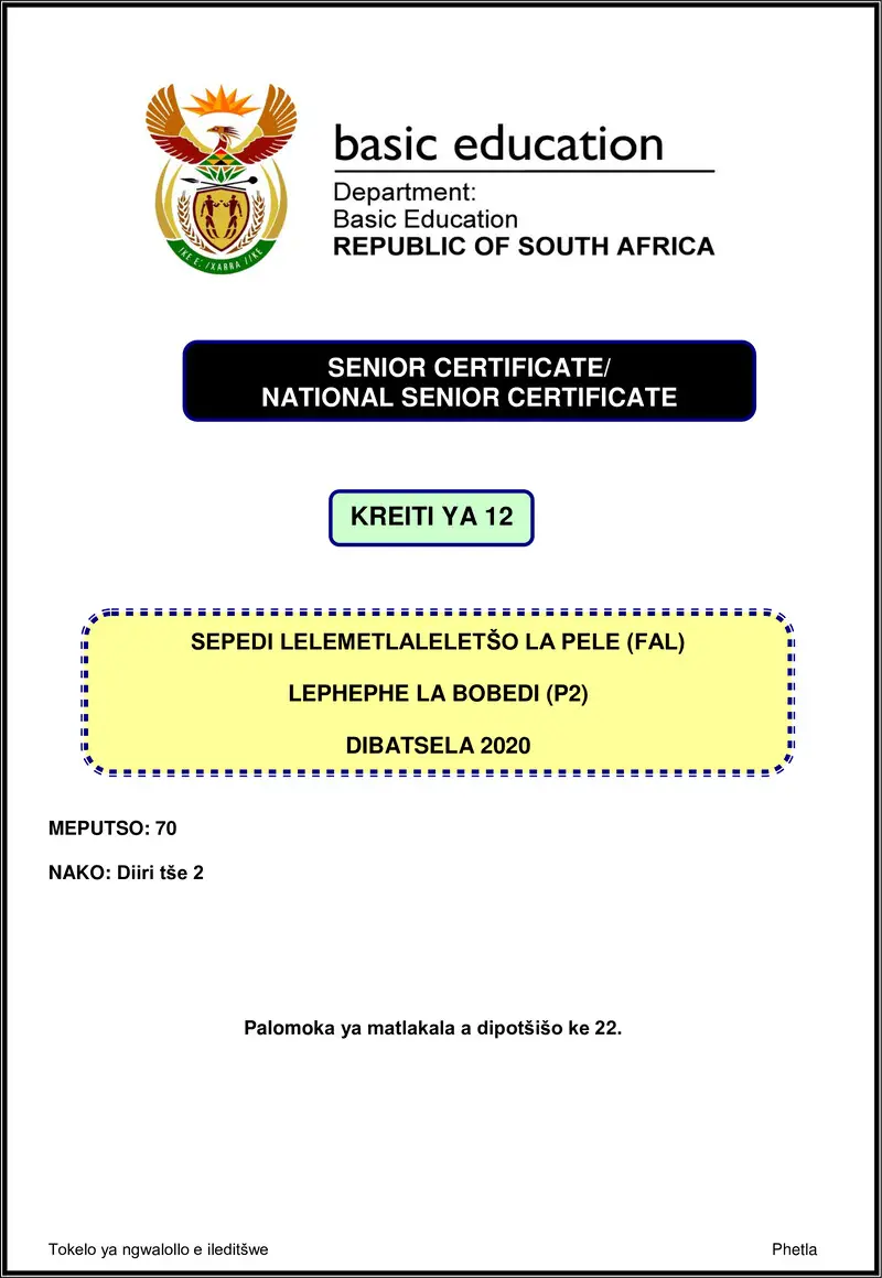 Grade 12 Sepedi past paper 2020 – sepedi fal p2 nov 2020 gr12