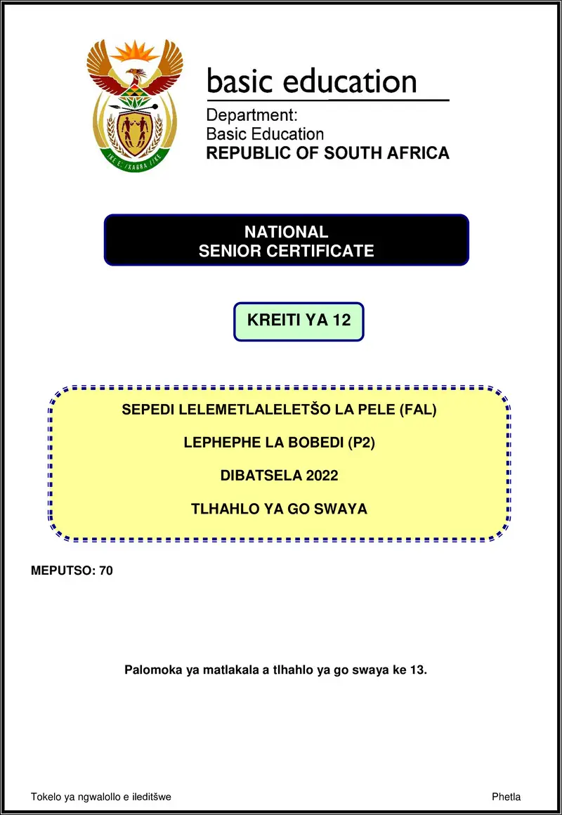 Grade 12 Sepedi past paper 2022 – sepedi fal p2 nov 2022 mg gr12