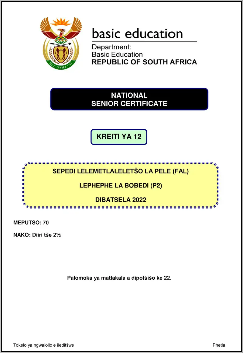 Grade 12 Sepedi past paper 2022 – sepedi fal p2 nov 2022 gr12