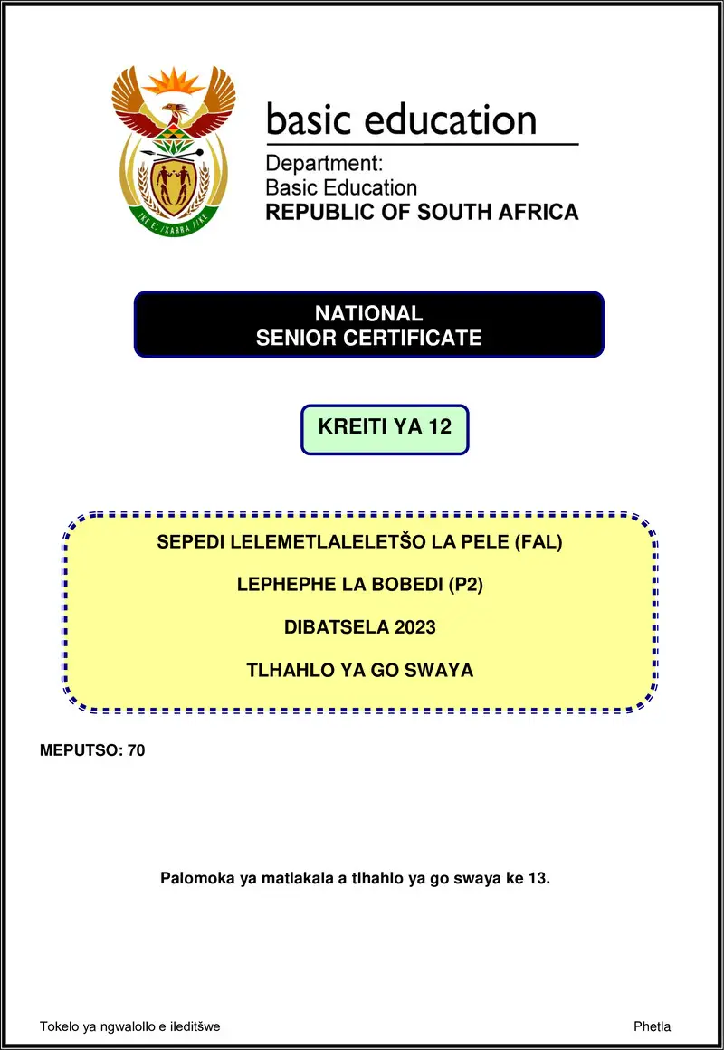 Grade 12 Sepedi past paper 2023 – sepedi fal p2 nov 2023 mg gr12