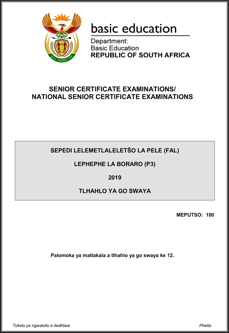 Grade 12 Sepedi past paper 2019 – sepedi fal p3 may june 2019 memo gr12