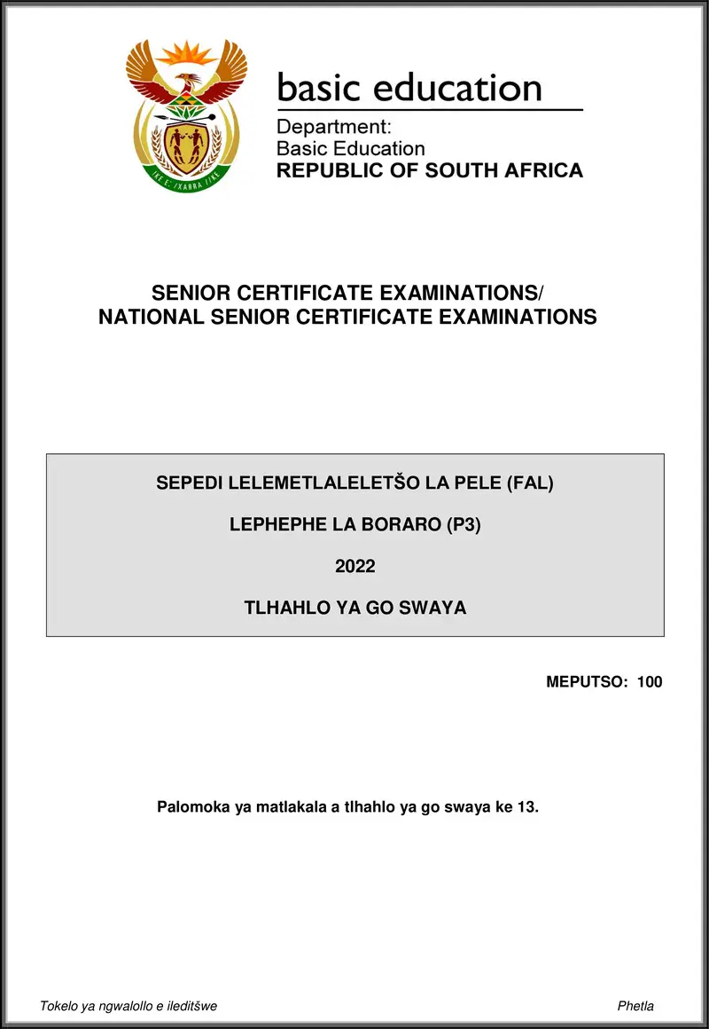 Grade 12 Sepedi past paper 2022 – sepedi fal p3 may june 2022 mg gr12