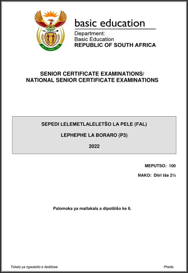 Grade 12 Sepedi past paper 2022 – sepedi fal p3 may june 2022 gr12