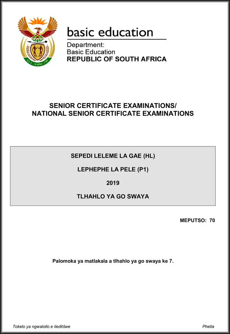 Grade 12 Sepedi past paper 2019 – sepedi hl p1 may june 2019 memo gr12