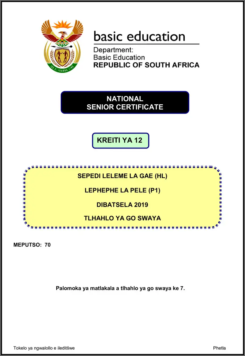Grade 12 Sepedi past paper 2019 – sepedi hl p1 nov 2019 memo gr12