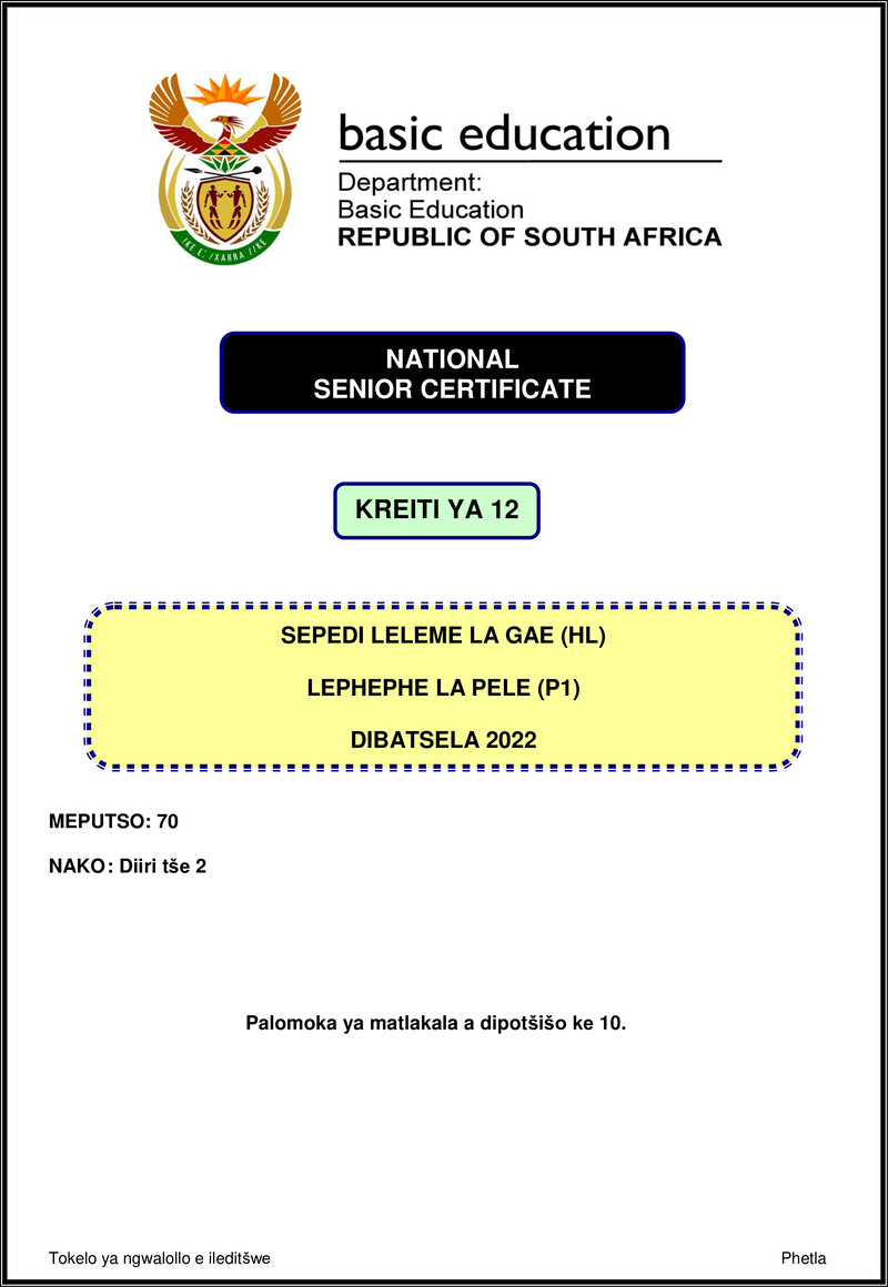 Grade 12 Sepedi past paper 2022 – sepedi hl p1 nov 2022 gr12
